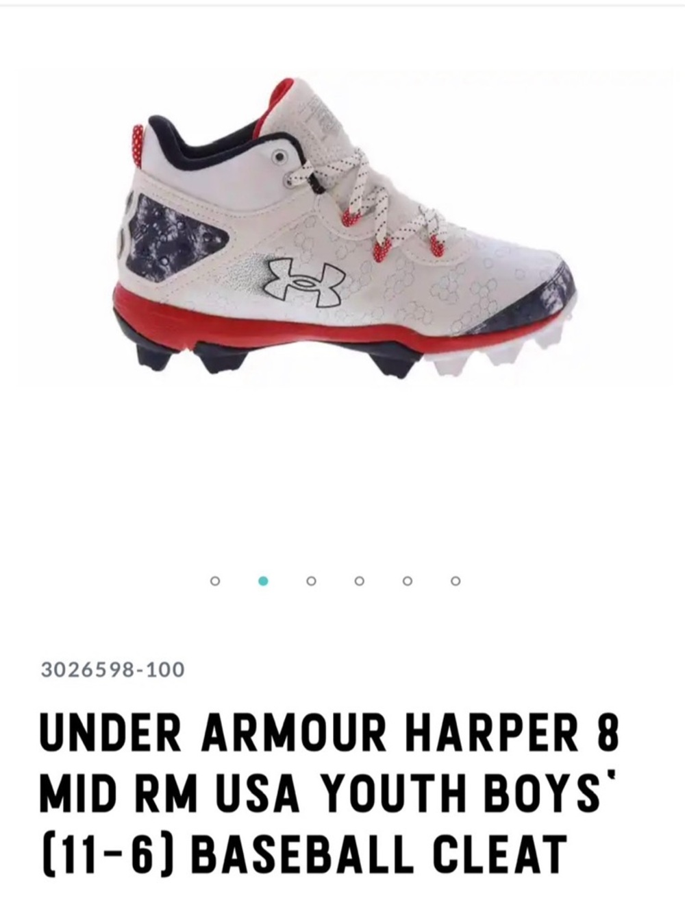 Under Armour Youth Harper 8 Mid RM Cleats in White, Red & Black